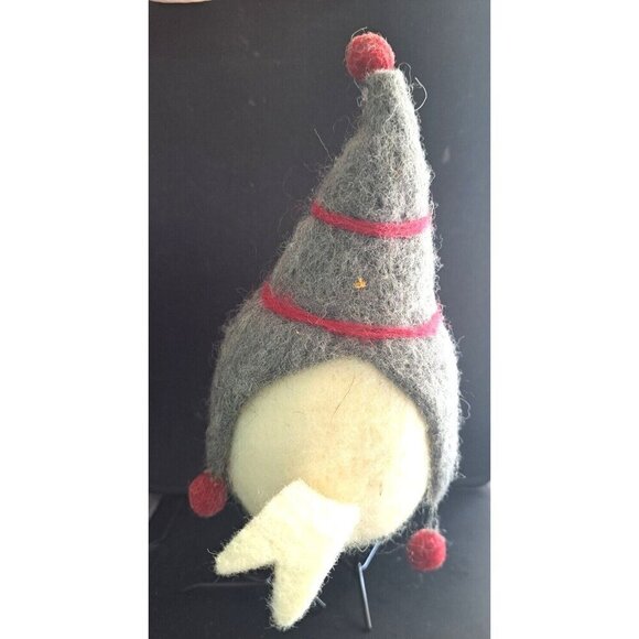 Felted Cream Colored Bird in Gray and Red Stripe Gnome Hat Black Wire Legs - Picture 3 of 7